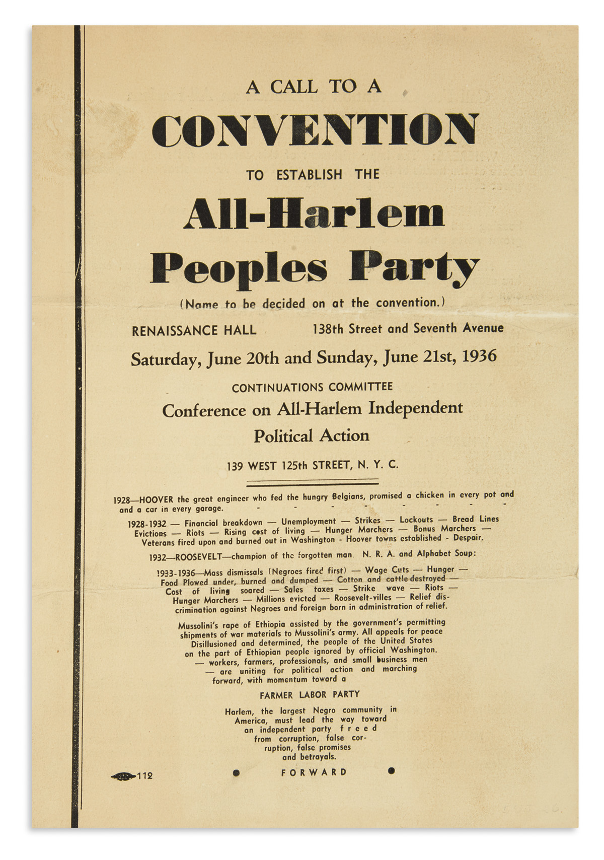 (POLITICS.) A Call to a Convention to Establish the All-Harlem Peoples Party.